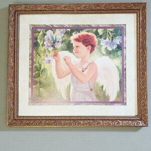Vintage Gold Framed Boy Angel With Hummingbird Matted Print Wall Hanging